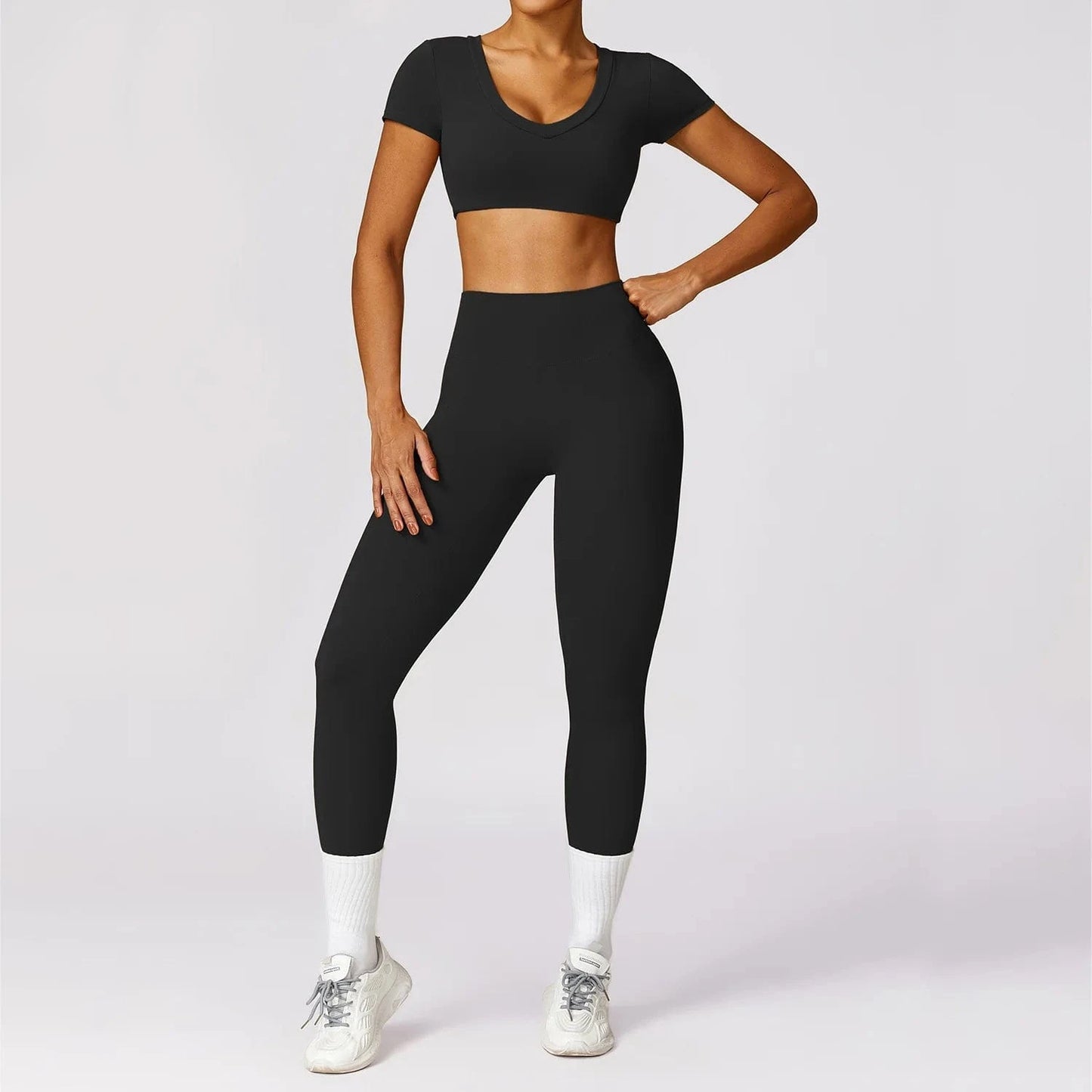 M / Black Custom logo High Quality Gym Sports Workout Short Sleeve Sweatshirt Leggings Outfit 2024 Women Fitness Yoga Sets