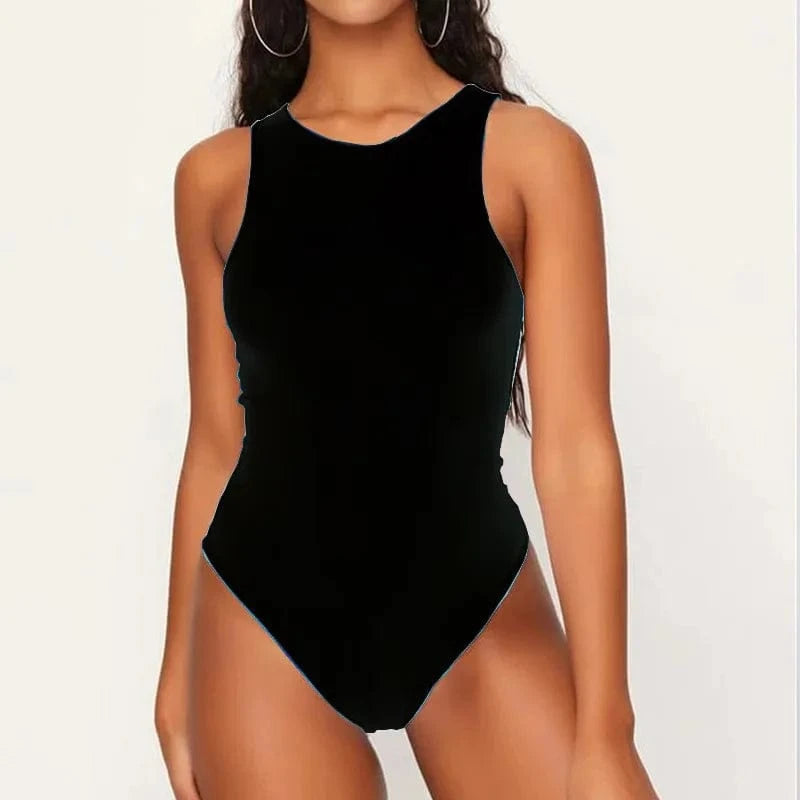 M / Black DAMOCHIC Slim Womens Clothing Bodysuit Sleeveless Seamless Stretch Pink White Black Blue Bodycon Thong Bodysuits Top Custom