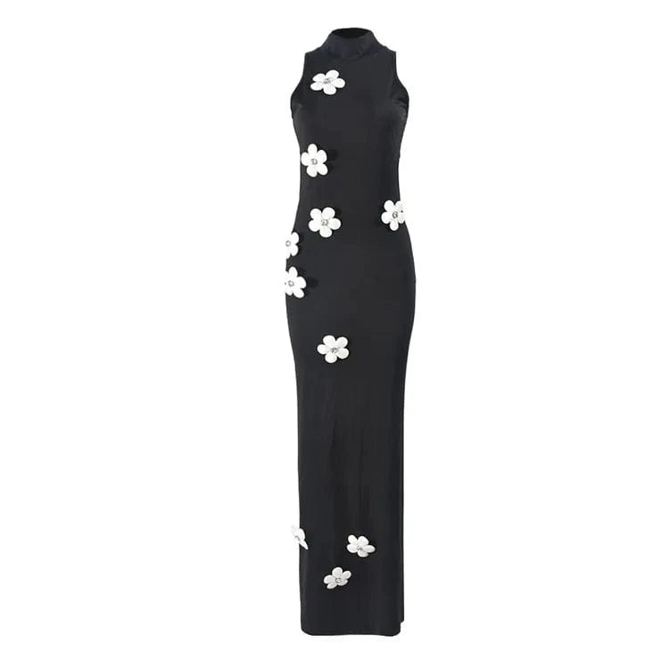 M / Black Elegant Black Flower Applique Bodycon Long Dresses Party Outfits For Women 2024 Sexy Hollow Out Bodycon Maxi Dress