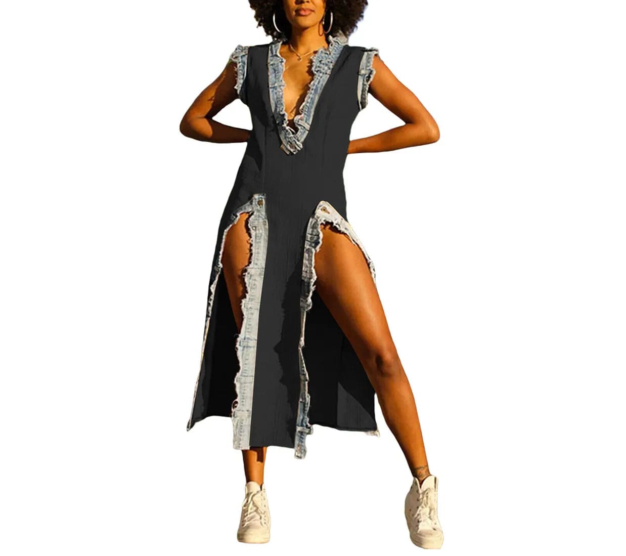 M / Black Fall 2024 Women Clothes Sleeveless Deep V Neck Dress Women Split Midi Dress Fashion Patchwork Denim Dresses