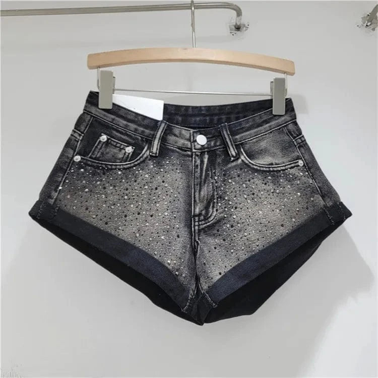 M / Black Fashion Retro Rhinestone Denim Shorts Women 2024 Summer New A- Line Wide Leg Short Pants Ultra Short Booty Shorts for Hot Girls