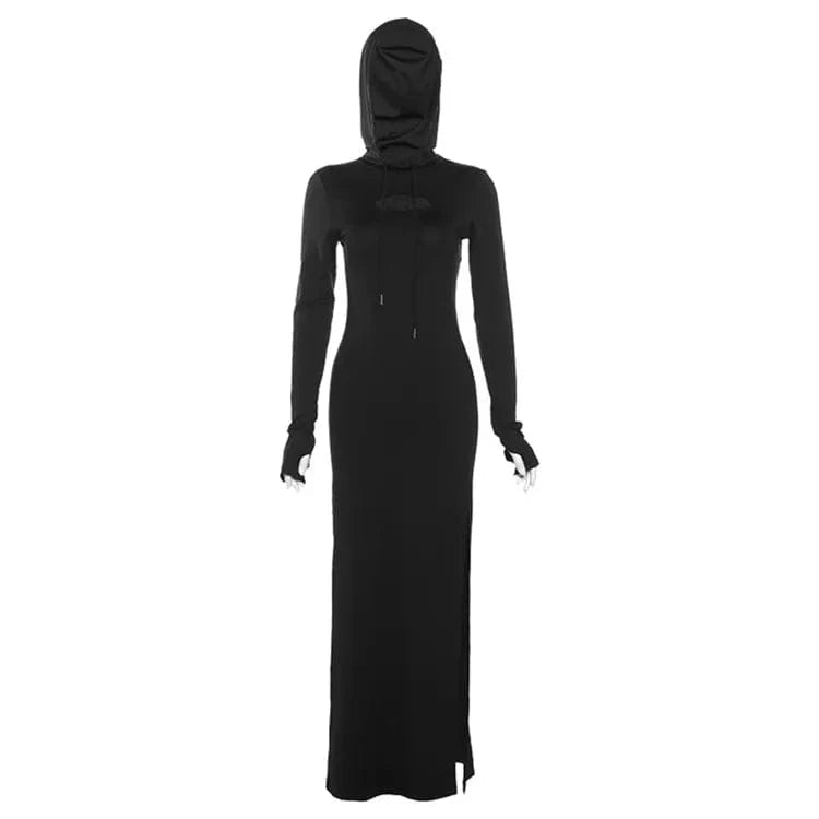 M / Black Fashion Split Slit Hooded Solid Dresses For Women 2024 Spring Autumn Casual Long Sleeve Bodycon Maxi Dress