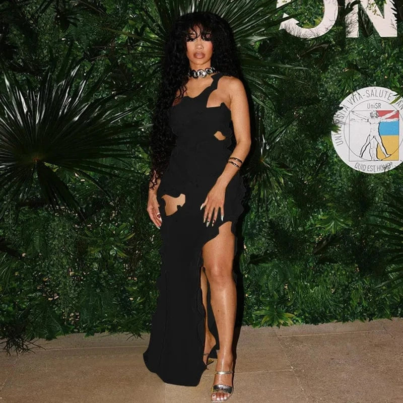 M / Black GX1900 New 2024 Summer Style Sleeveless Halter Ruffle Long Dress Women Club Party Split Irregular Maxi Dresses