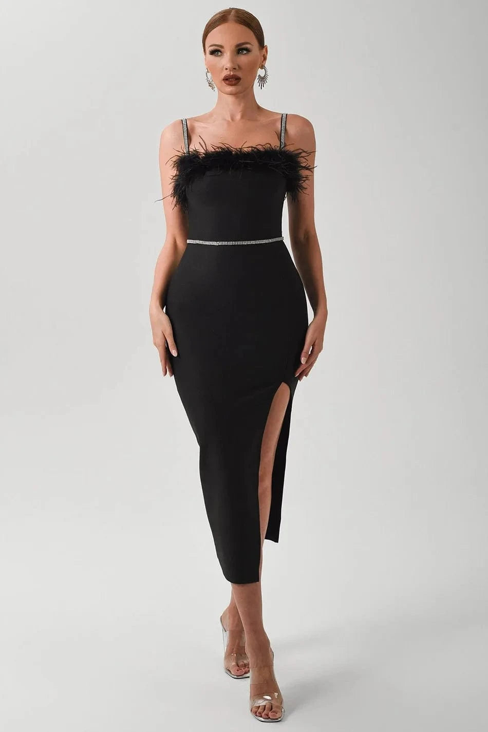 M / Black Hot Sale Sexy Night Party Dresses Women Formal  Lady Elegant Black Feather Mini Bandage Dress