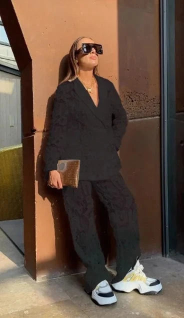 M / Black Liu Ming Fall Elegant 2024 New Products Lace Sexy Club Party Style Women Suit Long Sleeve Coat Long Pants Two Piece Set