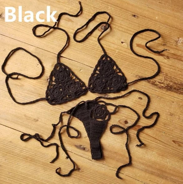 M / Black Liu Ming High Quality 2024 New Fashion Women Sexy Handmade Crochet Bikini G Thong String Beach Micro Swimwear Sets