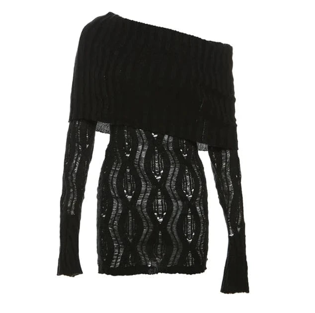 M / Black Liu Ming Hot Selling Streetwear 2024 Women Sexy Off Shoulder Long Sleeve Knitted Patchwork Midnight Party Slim Mini Dresses