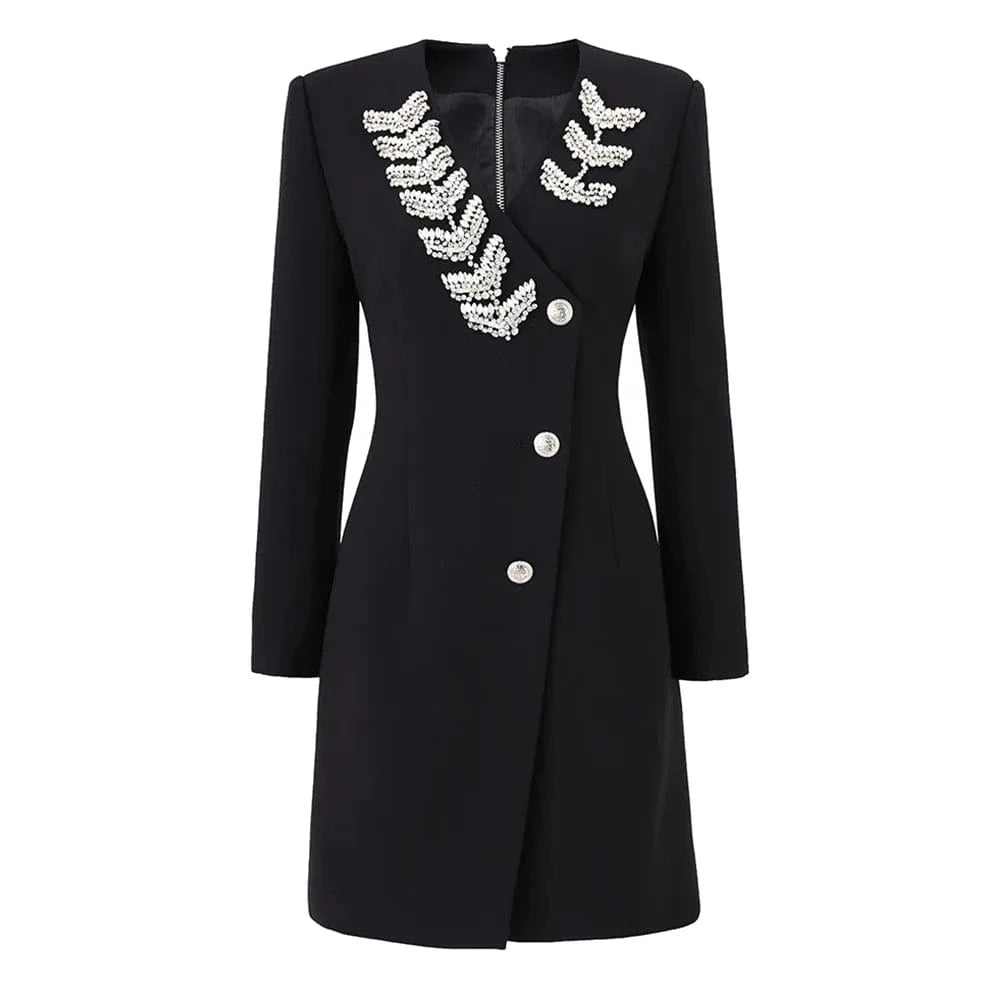 M / Black Luxury Fine Workmanship Rhinestone Beading V-neckline Long Sleeve Women Office Blazer Short Mini Slim Dress