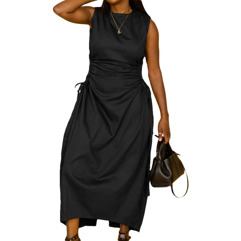 M / Black luxury ladies women's elegant casual lounge office wear white drawstring side sleeveless midi summer 2024 dress with drawstring
