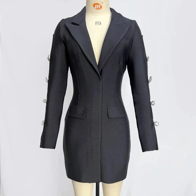M / Black New Arrival Elegant Women's Blazers Dress Long Sleeve Rhinestone Hollow-out Lady Suit