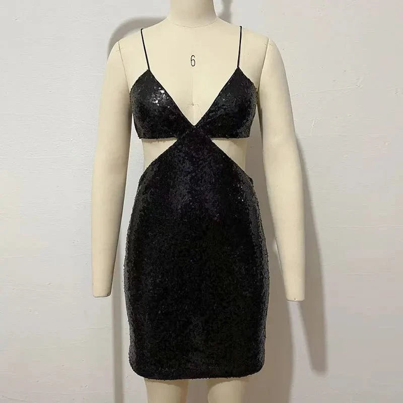 M / Black PDEP 2023  Sequin dress women  Sexy Celebrity Style Beaded V-Neck backless  Hollow cut out Strap mini club party Dress