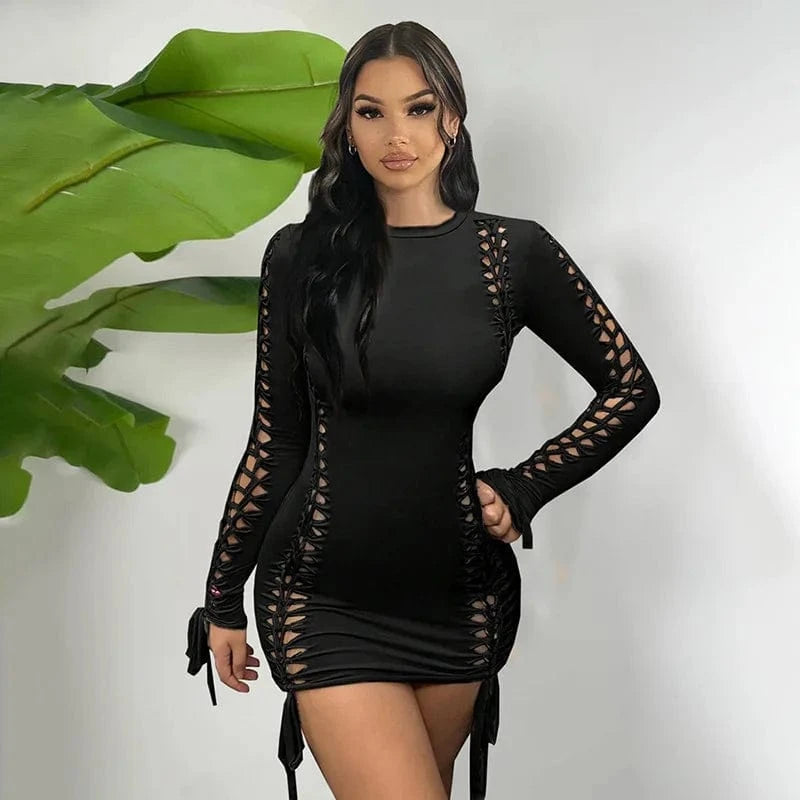 M / Black Red Dress Long Sleeve for 2024 Valentine Day Dresses Woman Cutout Bodycon Shape Wear Valentines Mini Dress