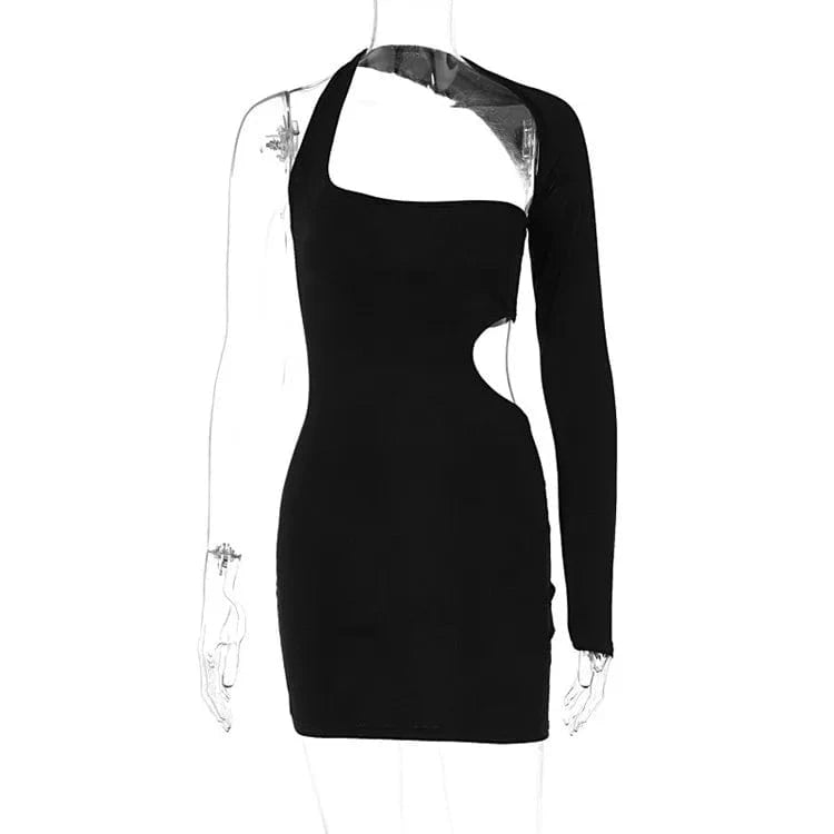 M / Black Solid Backless Hollow Out One Sleeve Mini Dress 2024 Summer For Women Sexy Y2K Bodycon Skinny Dress