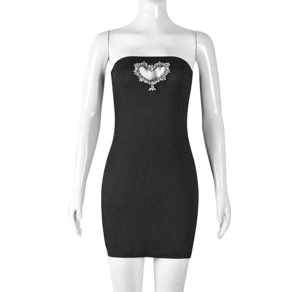 M / Black strapless elegant casual dresses rhinestone ribbed solid color women dresses 2024 spring women's clothing
