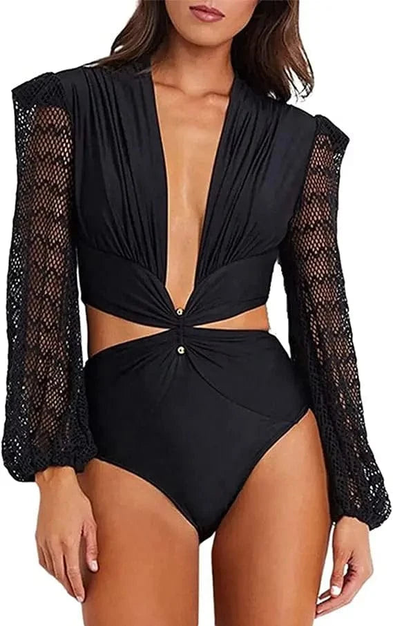 M / Black TW71038  2024 swimwear custom long sleeve mesh one piece bathing suit bikinis & beachwear Swimsuit Swimwear Women