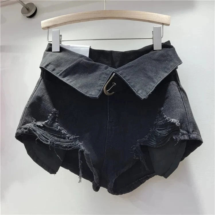 M / Black Vintage Holes Patchwork Denim Shorts Women Trend Lapel High Waist Irregular Jeans Pants