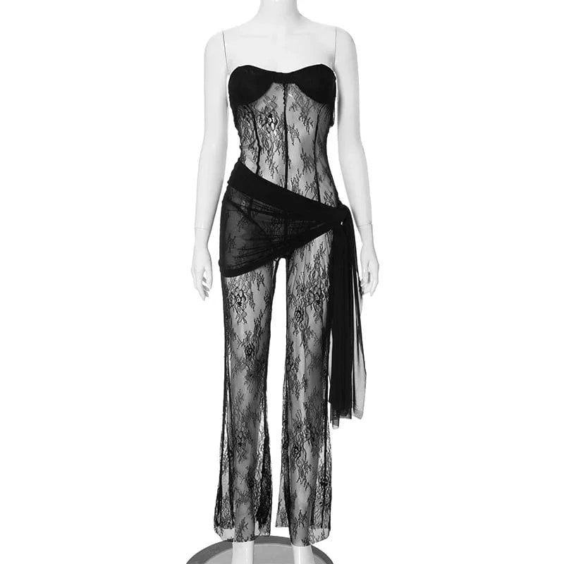 M / Black Wholesale 2024 spring boutique fashion elegant hot sexy lace jumpsuits with skirts set