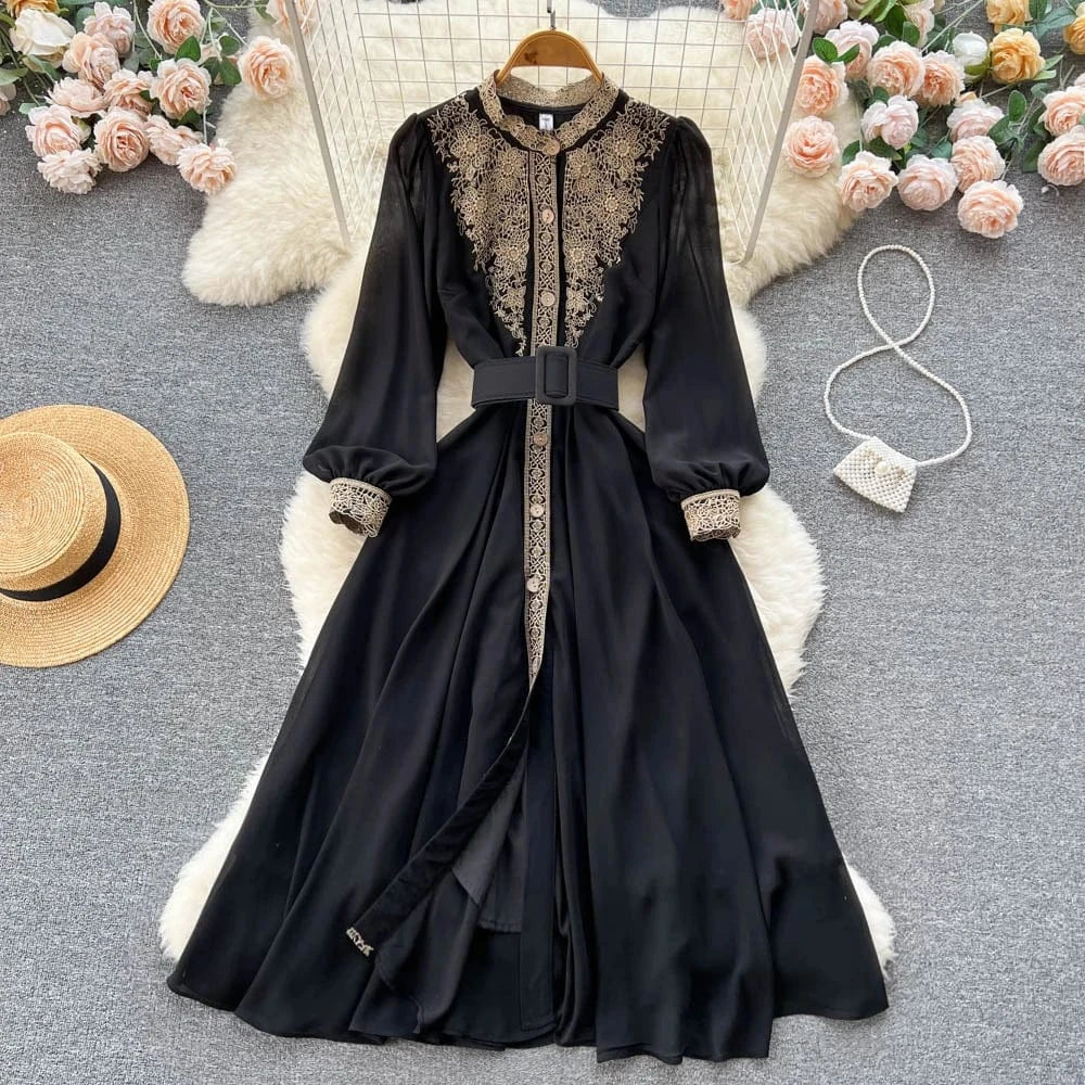 M / Black Wholesale 2024 Temperament Long-sleeved Autumn Dress Women's Niche Design Lace Stitching Waist Black Dress