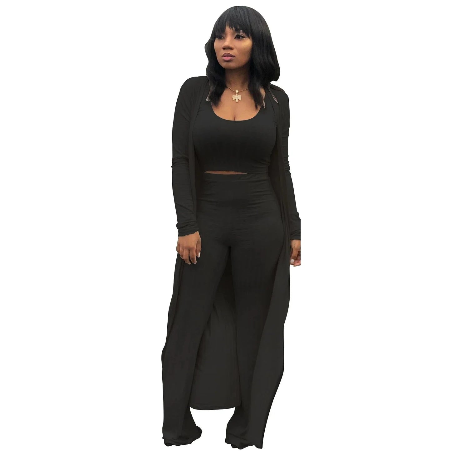 M / Black Wholesale Women 3 Piece Set Knit Sexy Long Sleeve Cardigan High Elastic Cloak Long Pants Crop Top Vest Night Club Casual  Suits