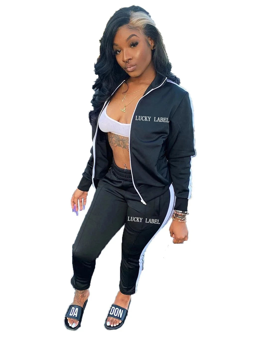 M / Black Wholesale womens tracksuit 2 piece pants set long sleeve lucky label two piece set women clothing 2024