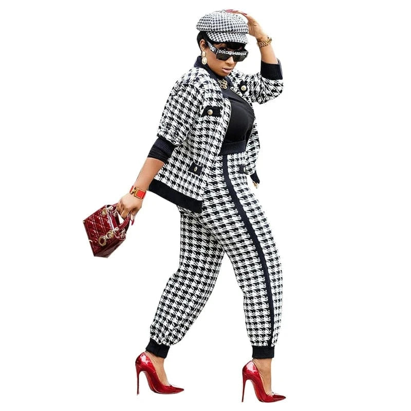 M / Black women luxury tweed fabric plaid 2 piece plaid blazer jacket coat and long pants set two piece women fall 2024 clothes for women