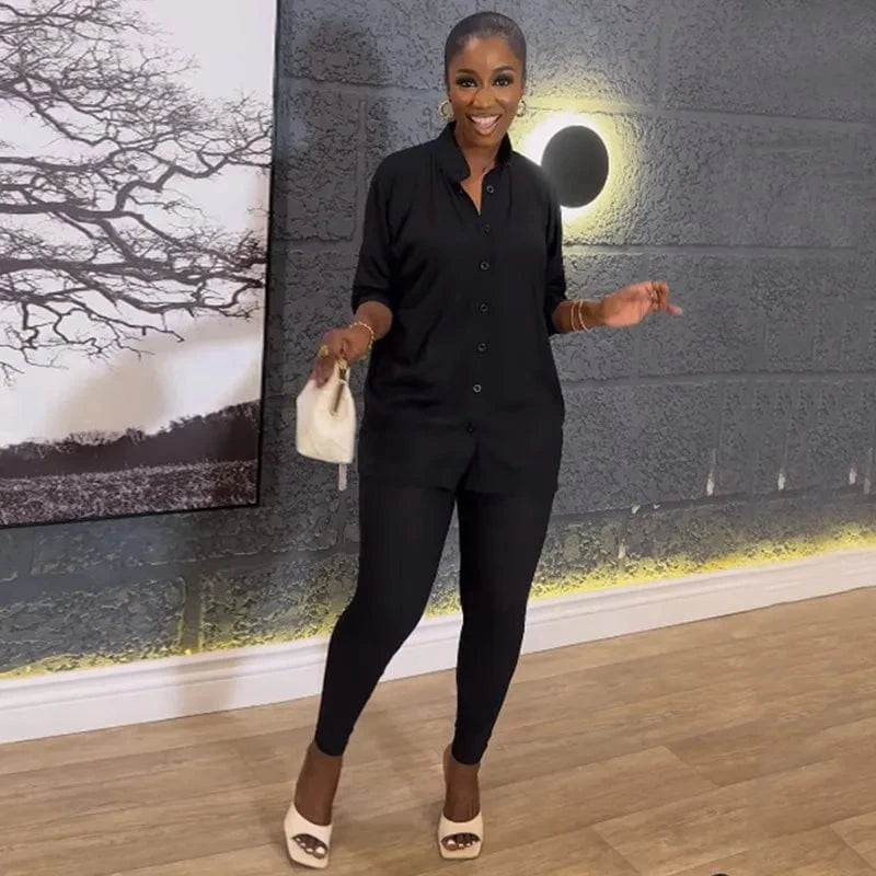 M / Black women's 2024 summer loose long sleeve shirt high waist trousers two pieces set women's clothing