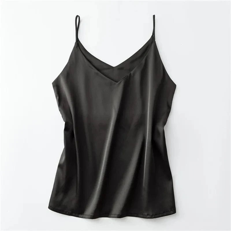 M / Black Women Summer Silk-Like Satin Tank Top Camisole Ladies Bottoming Shirt Sexy V-Neck Plain Camis 2024