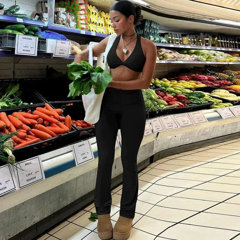 M / Black Womens Clothing 2 Two Piece Lounge Set Tracksuits Custom Crop Top and Flare Pants Set Spring Summer Casual Outfits For Ladies