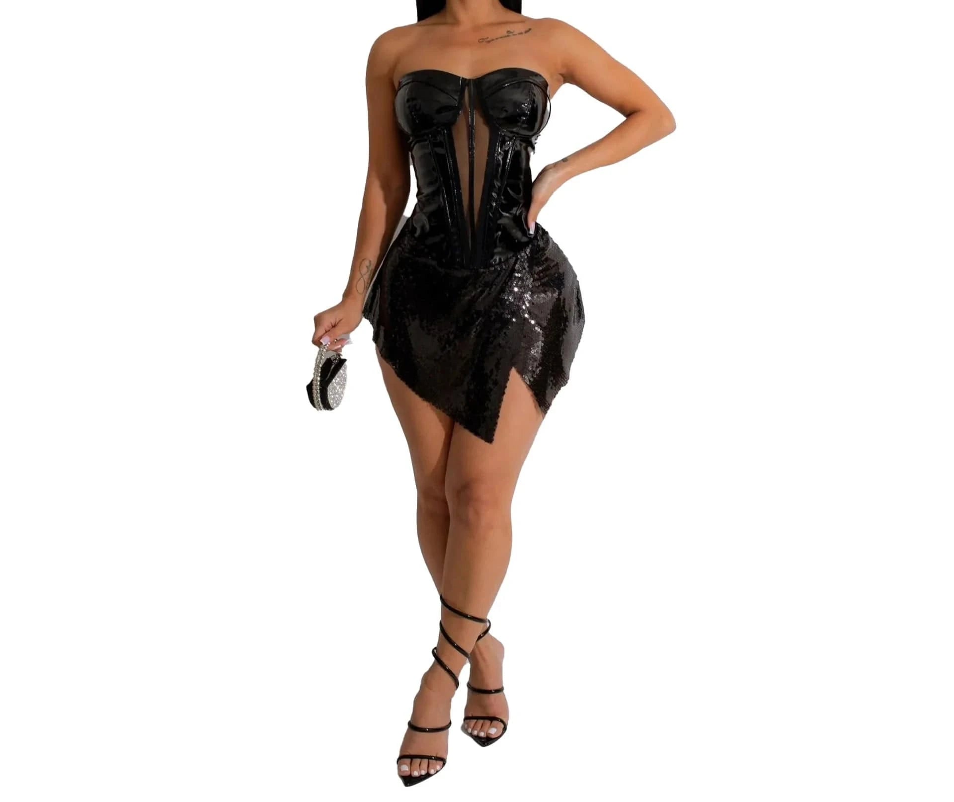 M / Black ZHEZHE Fashion 2024 boutique women sleeveless elegant mini dress personalized sequin patchwork tube irregular sexy dresses