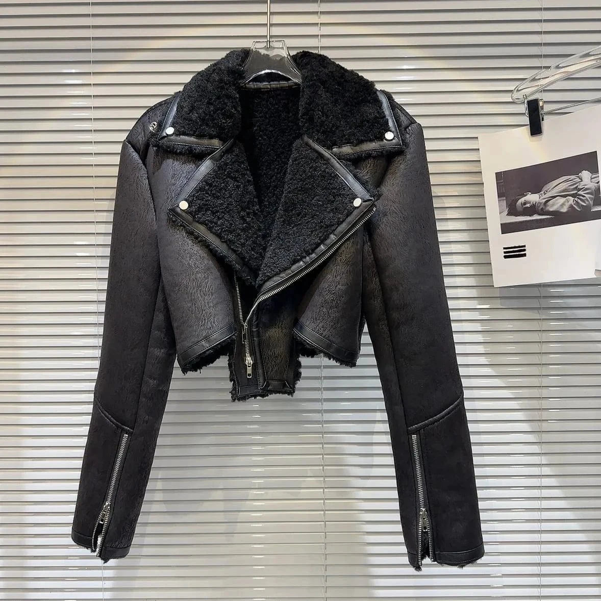 M / Black ZHEZHE New Casual Hot Selling Fashion Fall Winter Motorcycle Warm Lady Coat Faux Fur Women Clothing Street Coat Jacket With Fur