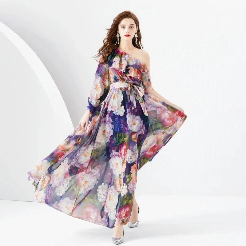 M / Blue 2024 Early Spring Vacation One Shoulder Flare Sleeves Ruffle Edge Printed Dress KL6306085