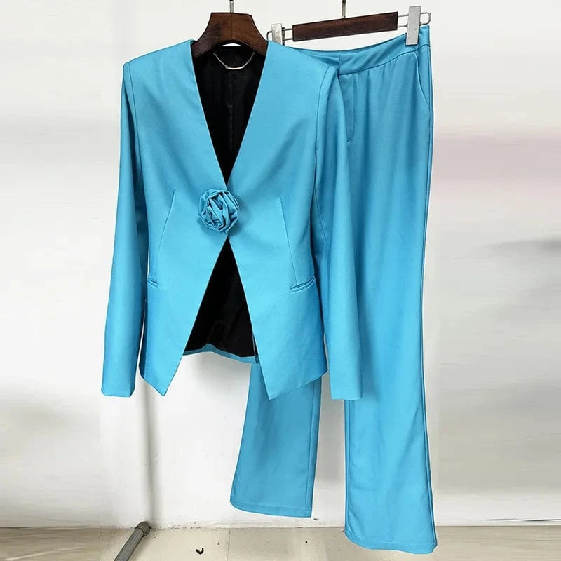 M / Blue 2024 European New Designed Lady Office Suit Sexy V-neckline Long Sleeve Solid Flower Blazer Flared Pants Women 2Pcs