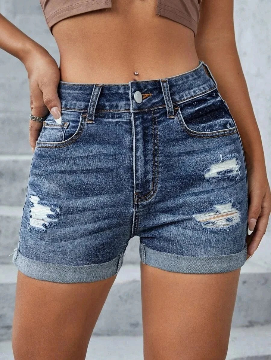 M / Blue 2024 New fashion All-match Elegant  High waist Hole curling pants Women's Denim shorts