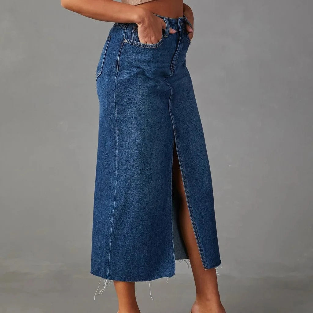 M / Blue 2024 New split Denim skirt High waist Washed European and American style A- line skirt Mid-length skirt For women