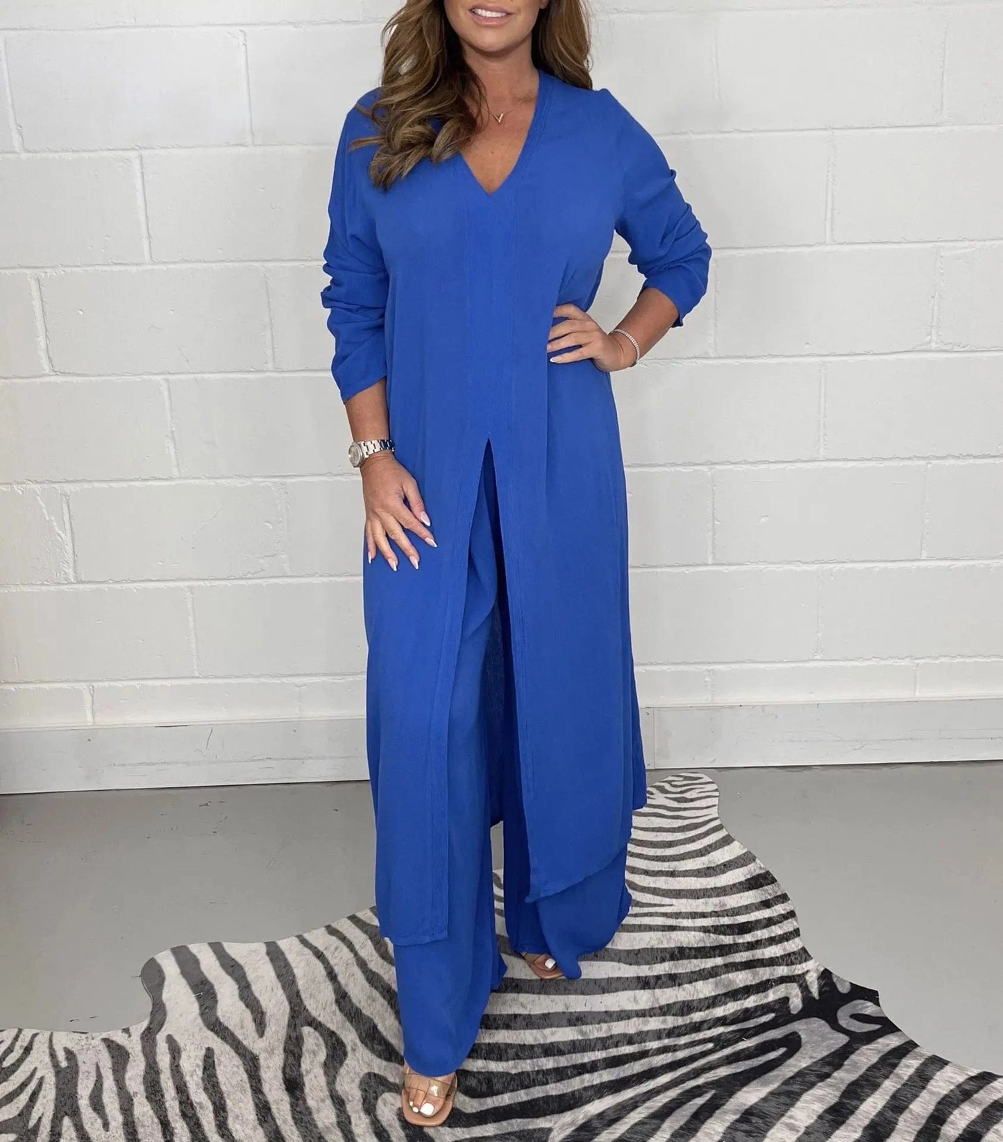 M / Blue 2024 Summer Fashion New Women's Set Split Long Top Casual Wide Leg Pants Two Piece Set Elegant Large Size Loose Fitting Set