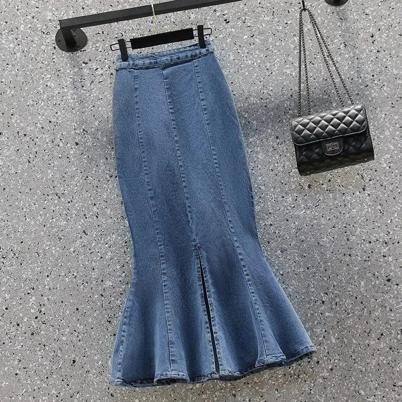 M / Blue 2024 Summer Women High Waist Denim  Ruffle Skirt Slimming Elastic Slit Wrap Buttocks Fishtail Solid Color Midi Long Skirt
