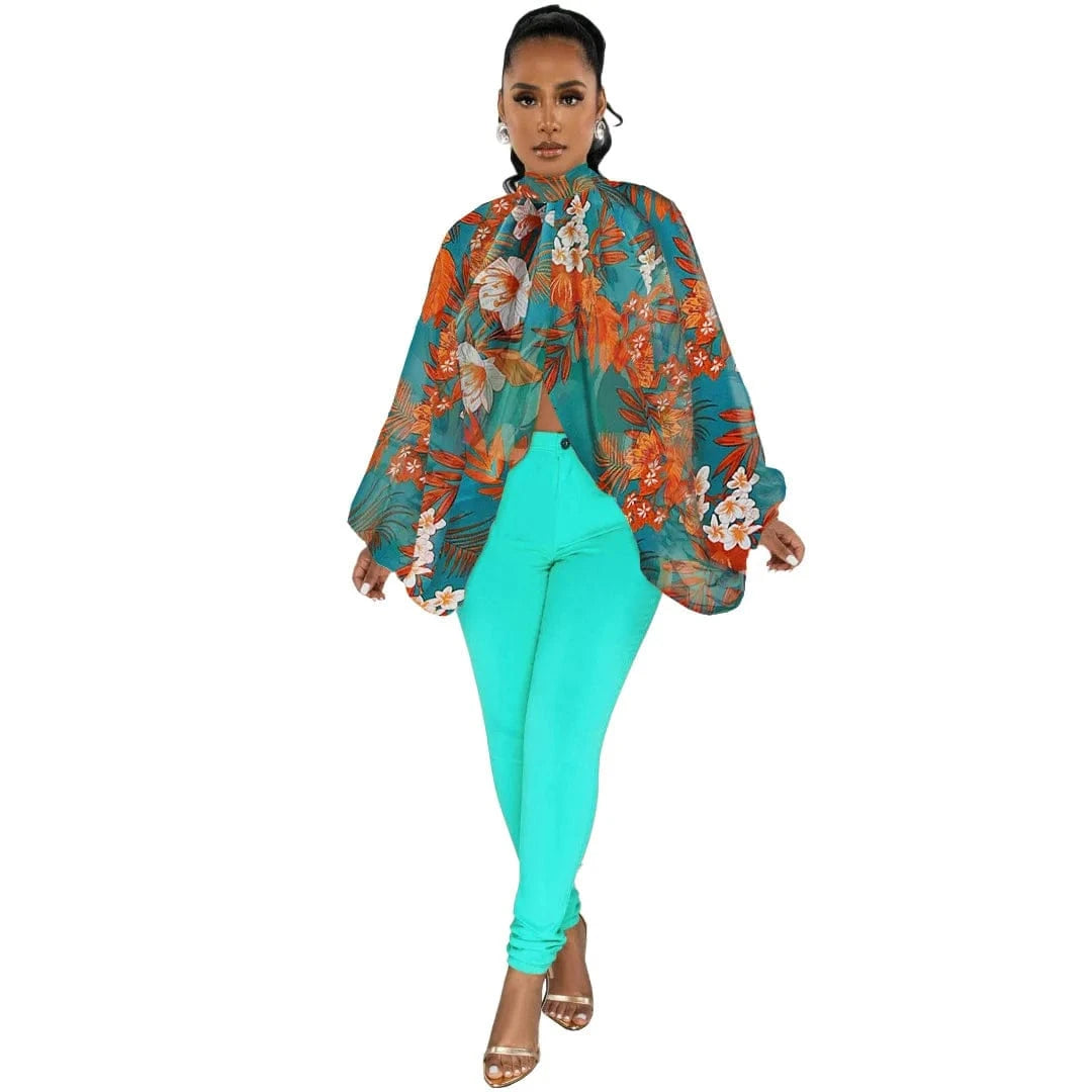 M / blue background orange leaves DAMOCHIC Elegant Print Blouse Shirt Ladies Batwing Sleeve Fall High Neck Lace Up Open Back Tops Female Chiffon Blouse Women 2023