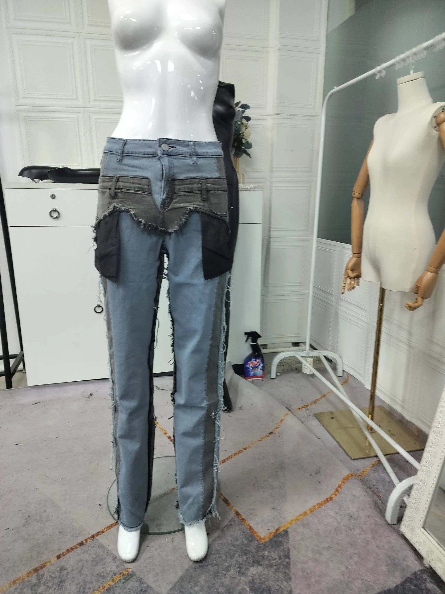 M / Blue Bomblook ASPT26 Big Pocket Patchwork Jeans Pants For Women Denim Cargo Pants Women Y2K Pants