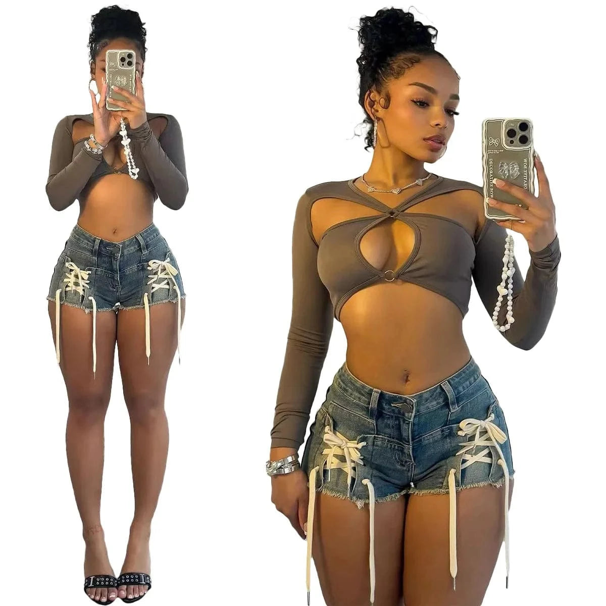 M / Blue Custom Bandage Elasticity Denim Shorts Women High Waisted Button Lace Up Jean Fashion Matching Cowboy Bottoms For Women