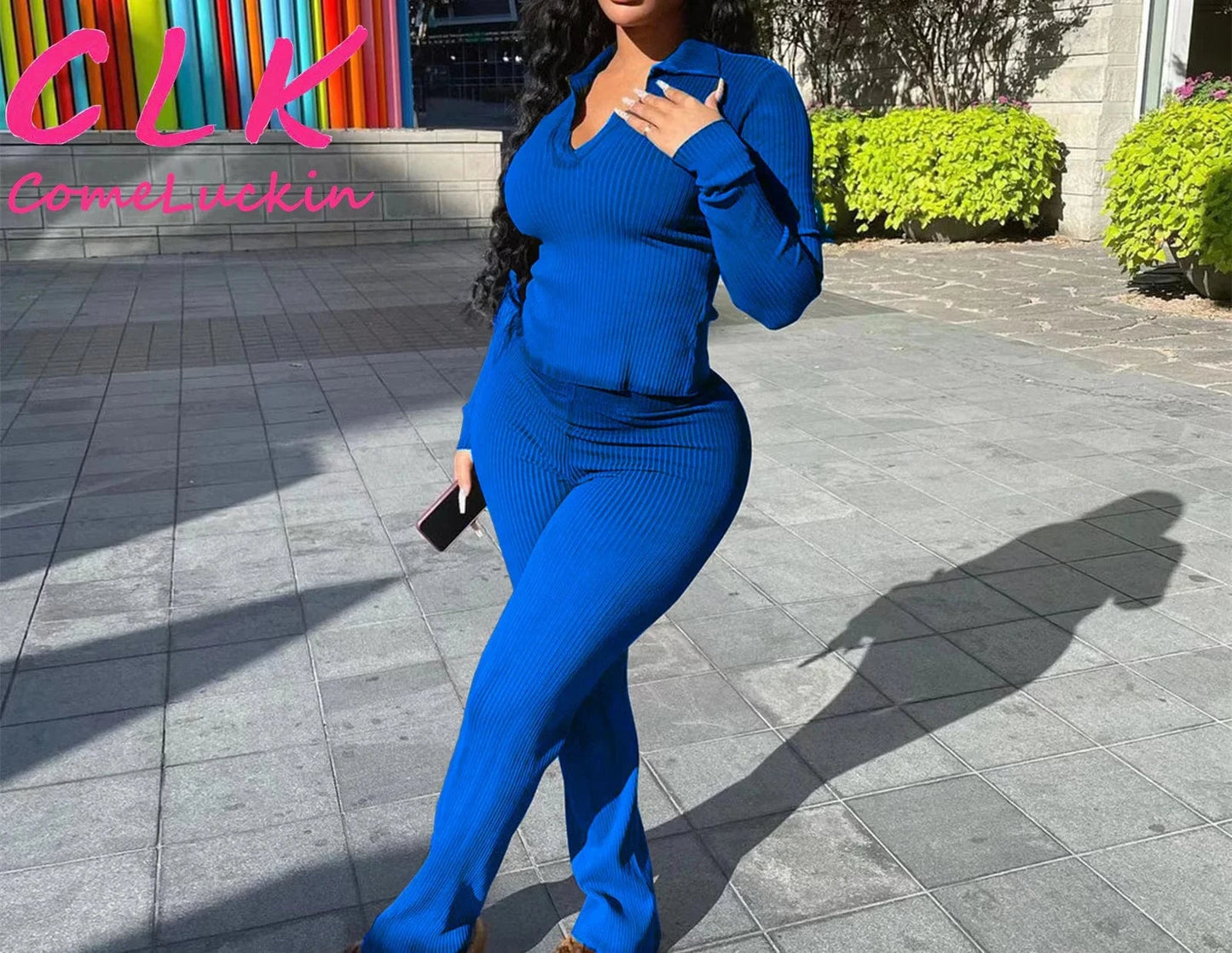 M / Blue Custom Logo Ribbed 2 Two Piece Sets Tracksuit Women Matching Sets Spring Outfits 2024 Long Sleeve T Shirts And Pants Sets