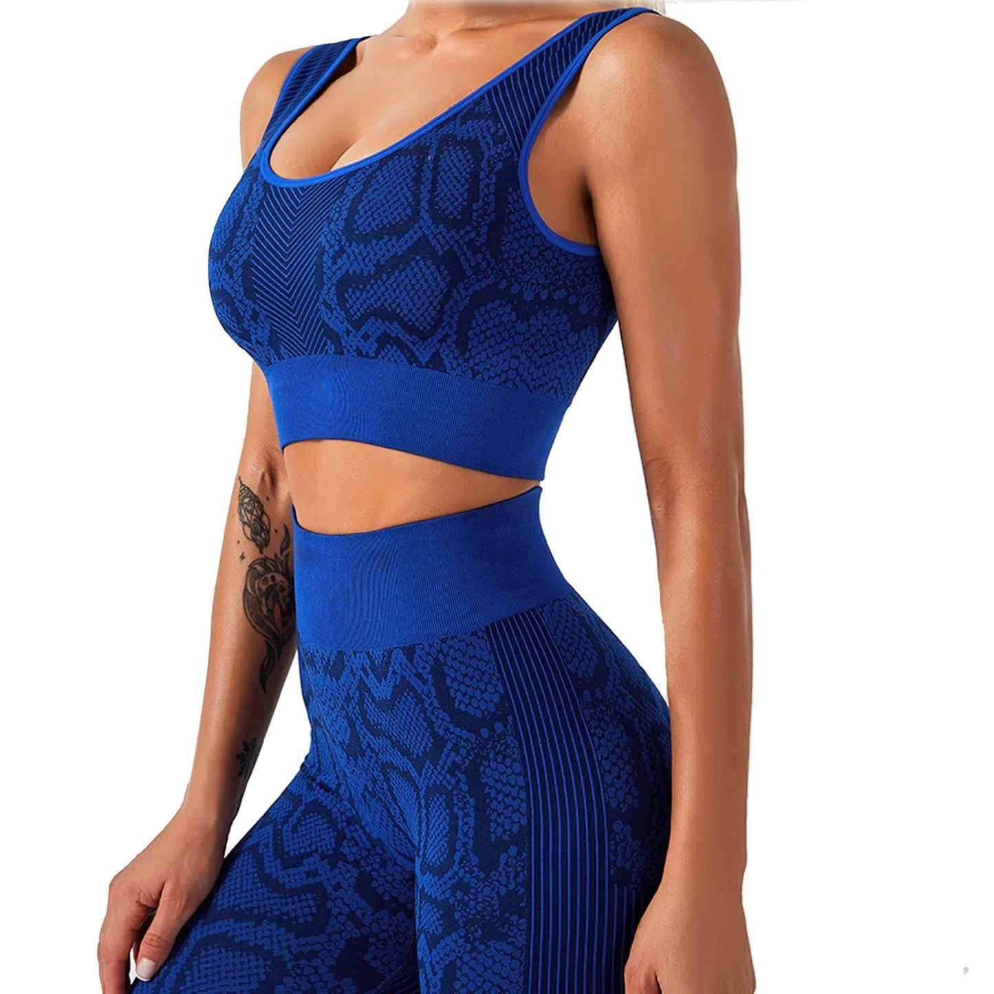 M / Blue European and American snake print yoga suit sports vest high waist trousers seamless yoga suit track and field jogging suit