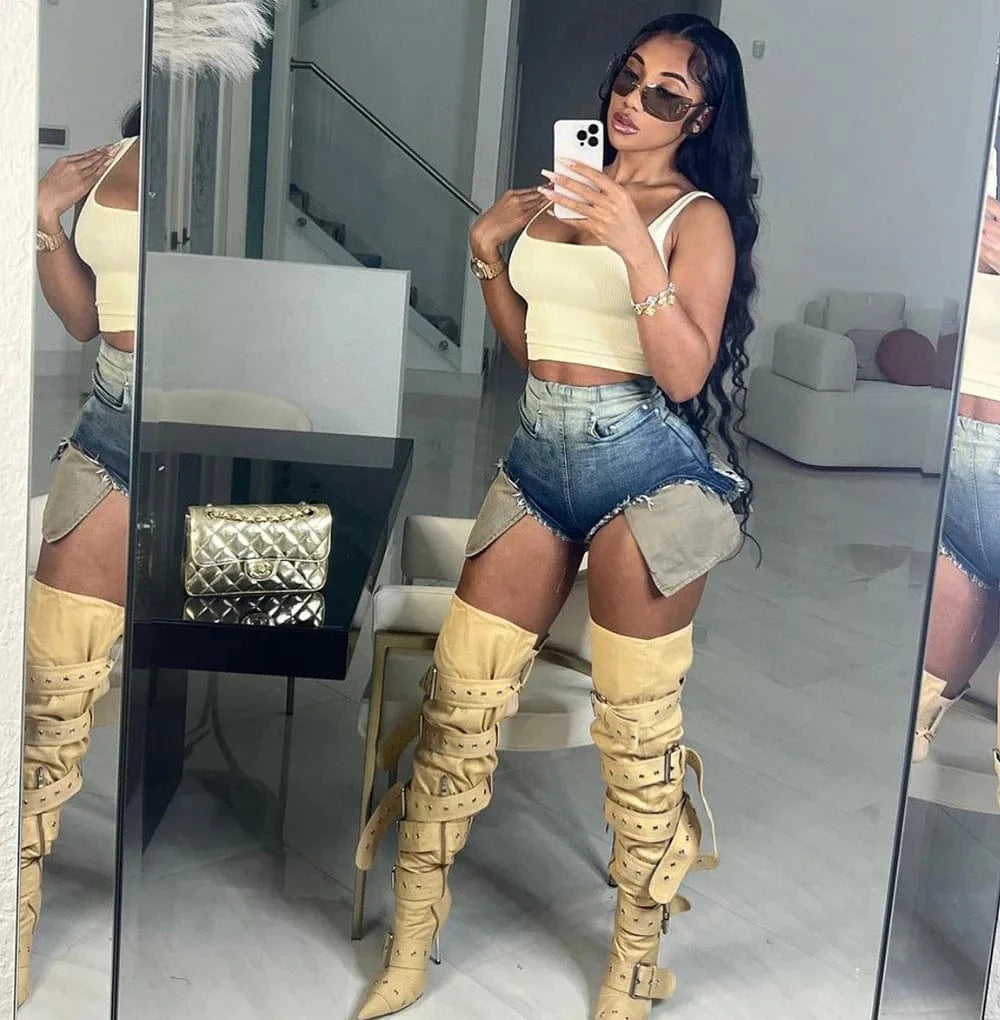 M / Blue jean Ladies Jean Shorts for Summer High Waist Gradient Denim Hot Pants Women Tight Jeans Short Skin Tight Jean Shorts