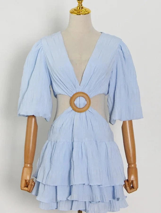 M / Blue Liu Ming Hot Selling 2024 Elegant Women Summer V Neck Backless Casual Loose A Line Short Dress