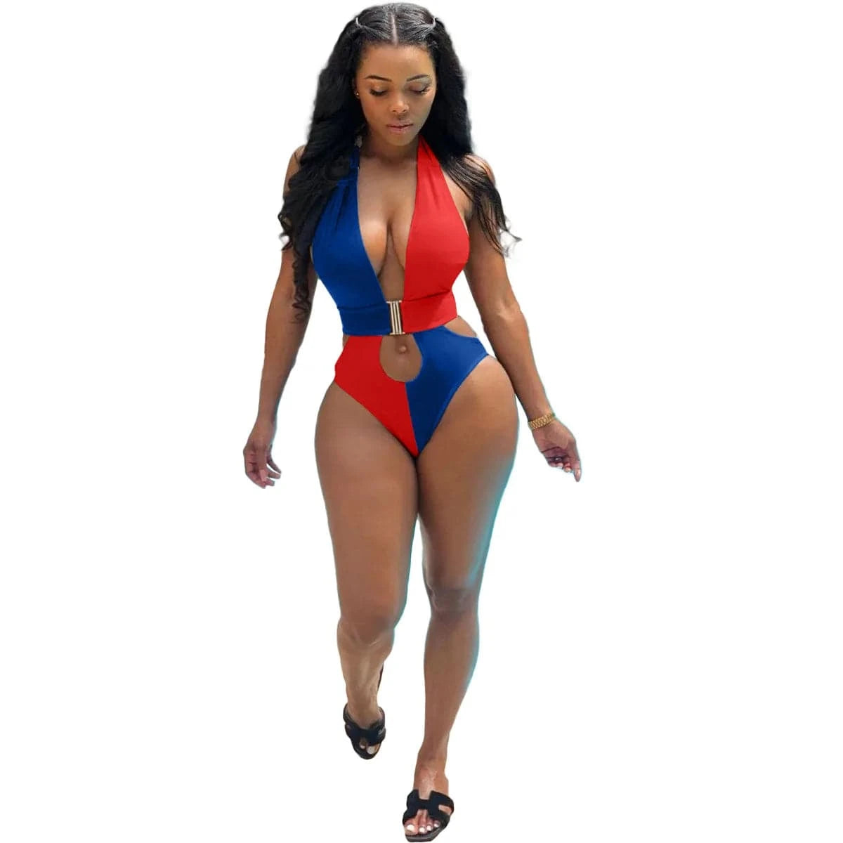 M / Blue n Red 2024 New Arrivals Pierced Halter Neck Colorblock Swimwear Bikini Women One Piece Hot Sexy Deep V-Neck Swimsuit