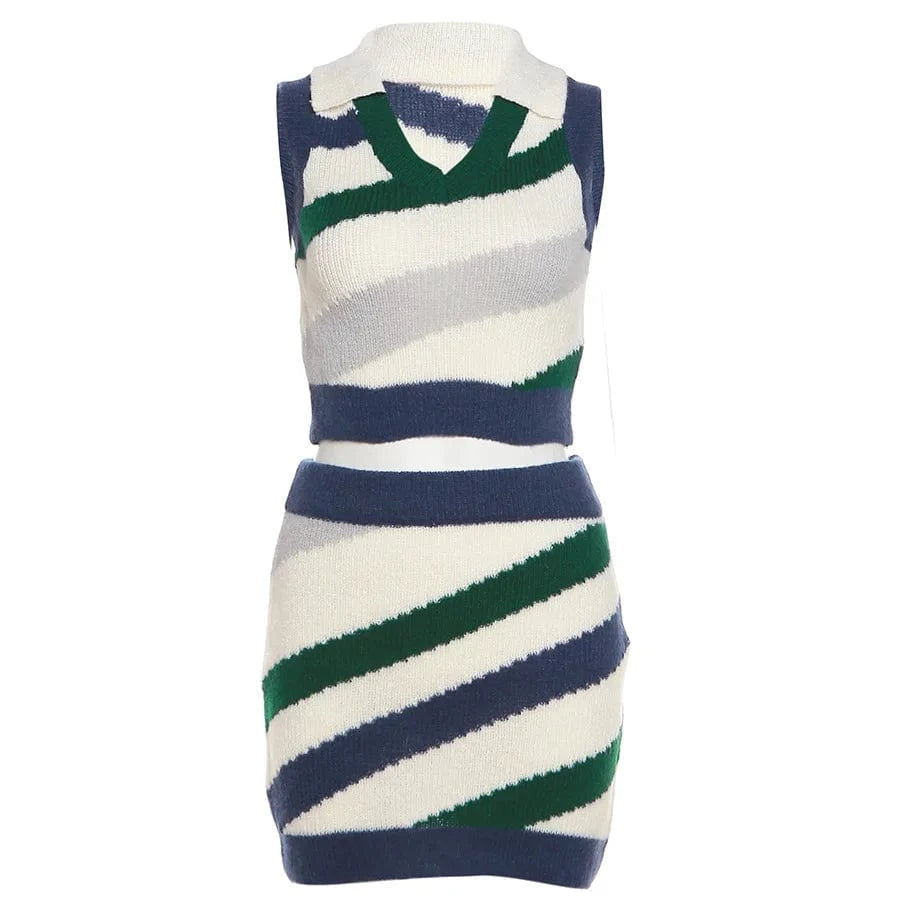 M / Blue New Arrivals Polo Neck Crop Top And Mini Skirt Winter Women's Clothing Fashion Striped Knitted 2 Piece Skirt Set