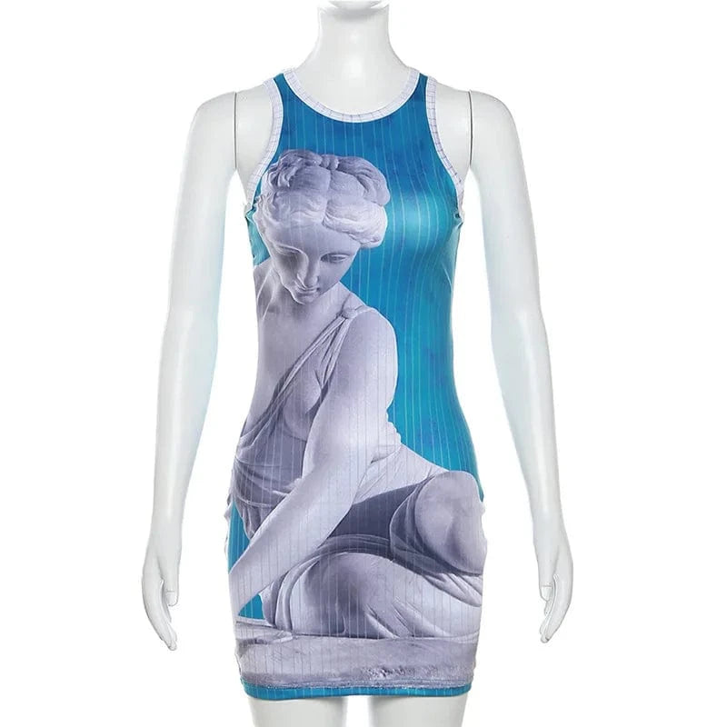 M / Blue New design 2024 summer boutique digital print sleeveless hot selling women's dresses
