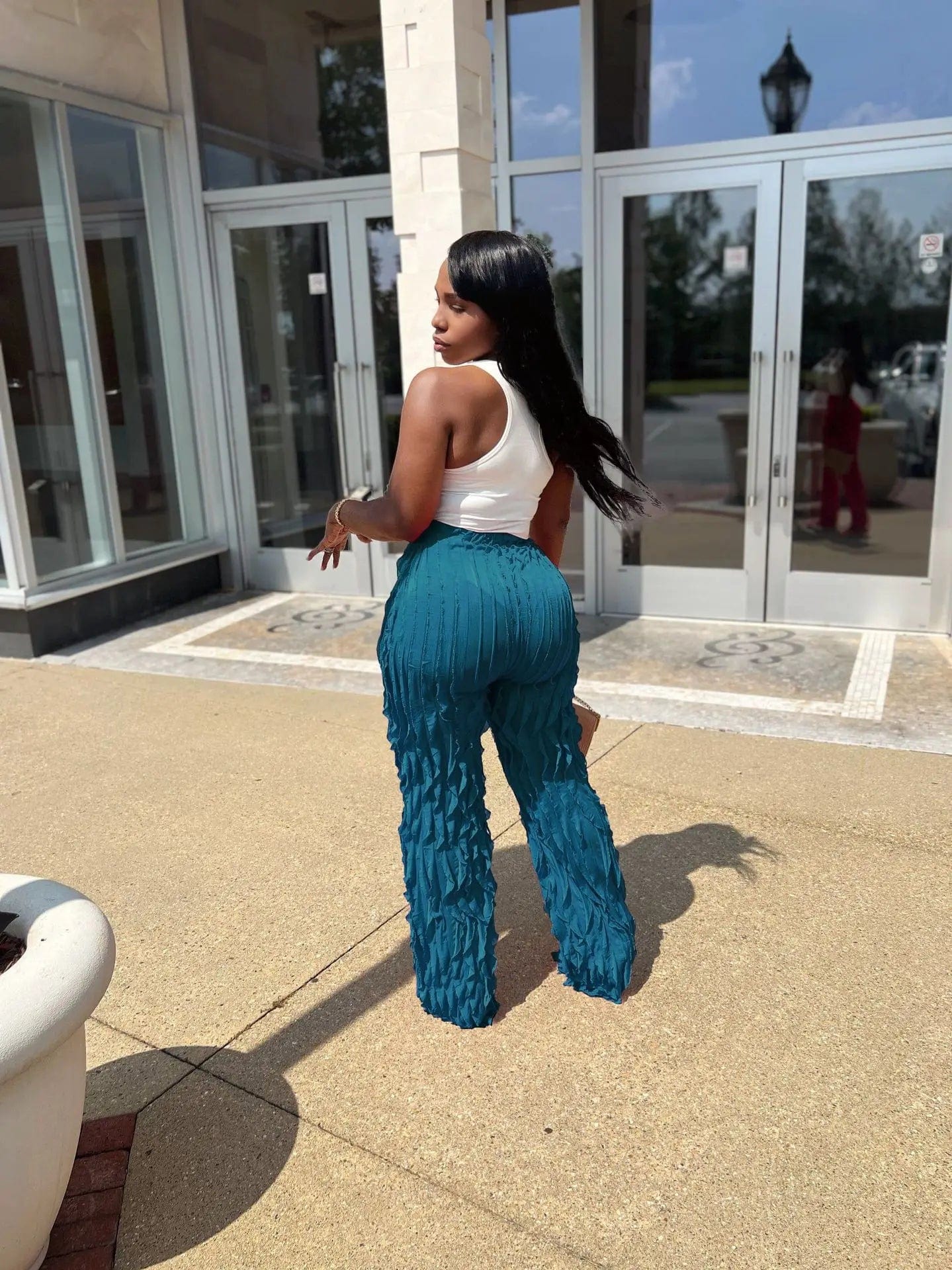 M / Blue New Fashion Streetwear Wide Leg Pants 2024 High Waist Casual Ruffle Pants Loose Long Pant For Women Clothing