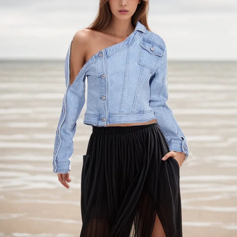 M / Blue OUDINA 2024 Spring New Woman Vintage Denim Jacket Washed Distressed Off-Shoulder Design Women's Jackets