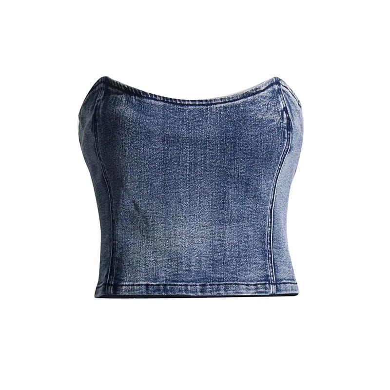 M / Blue OUDINA Hot Girl Style Short Tops For Women 2024 New High-end Slim Fit Denim Tube Women Top