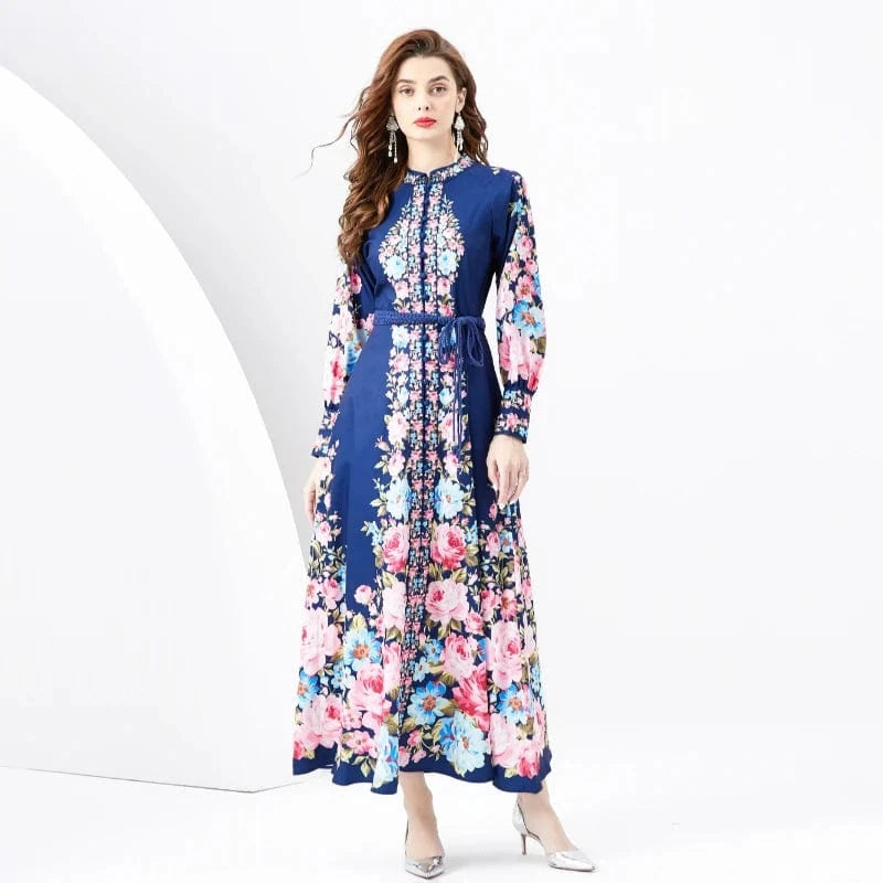 M / Blue Spring/Summer 2024- Resort style retro stand up collar single breasted lantern sleeve printed wide hem long dress KL6232080